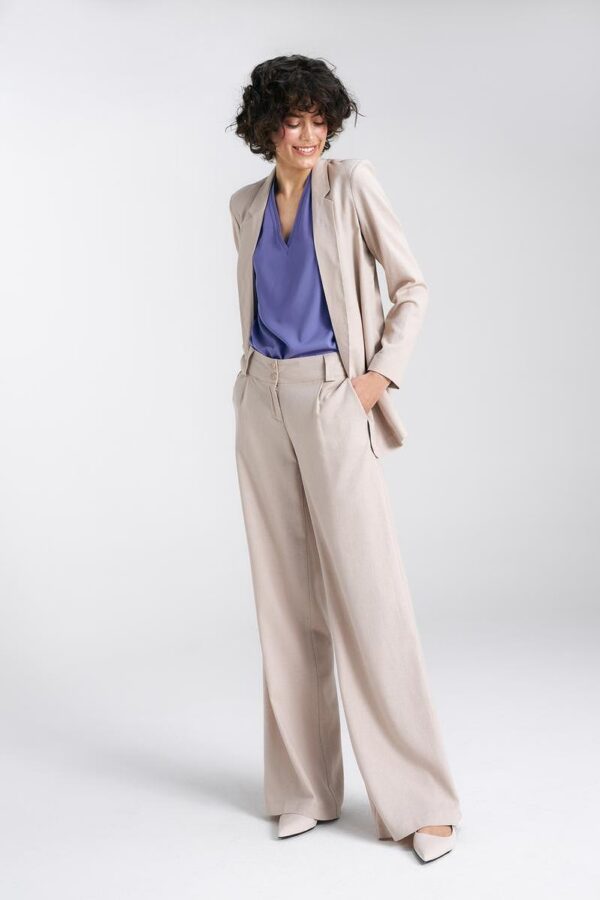 Spodnie lniane wide leg SD85 Beige - Nife - obrazek 3