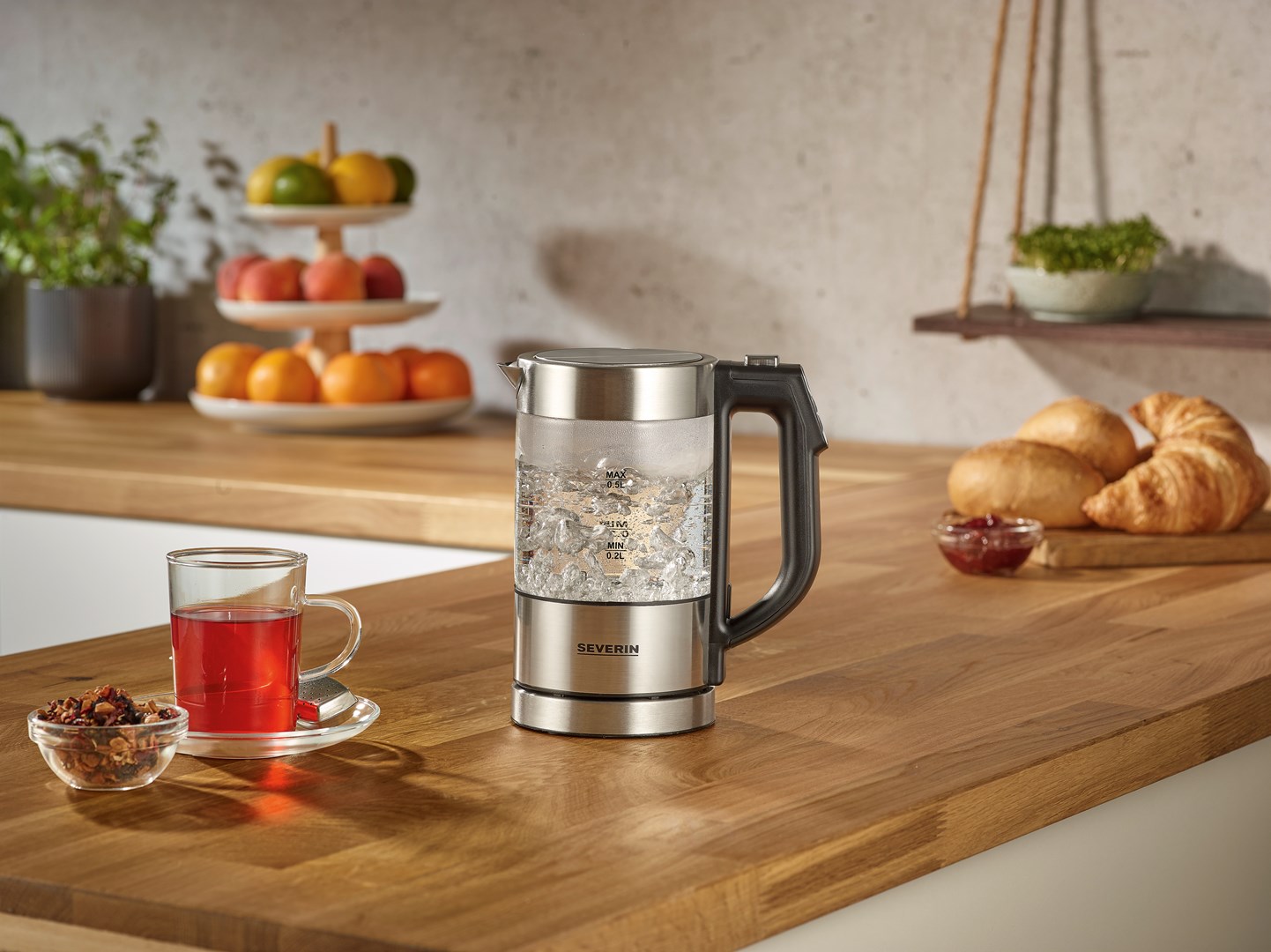 SEVERIN CZAJNIK ELEKTR. SZKŁO-STAL, REG. TEMP. W RĄCZCE, ZAKRES TEMP. 40°C-100°C, POJ. 0,5L, ZAKRYTA GRZAŁKA, 1100W WK3458 - obrazek 9