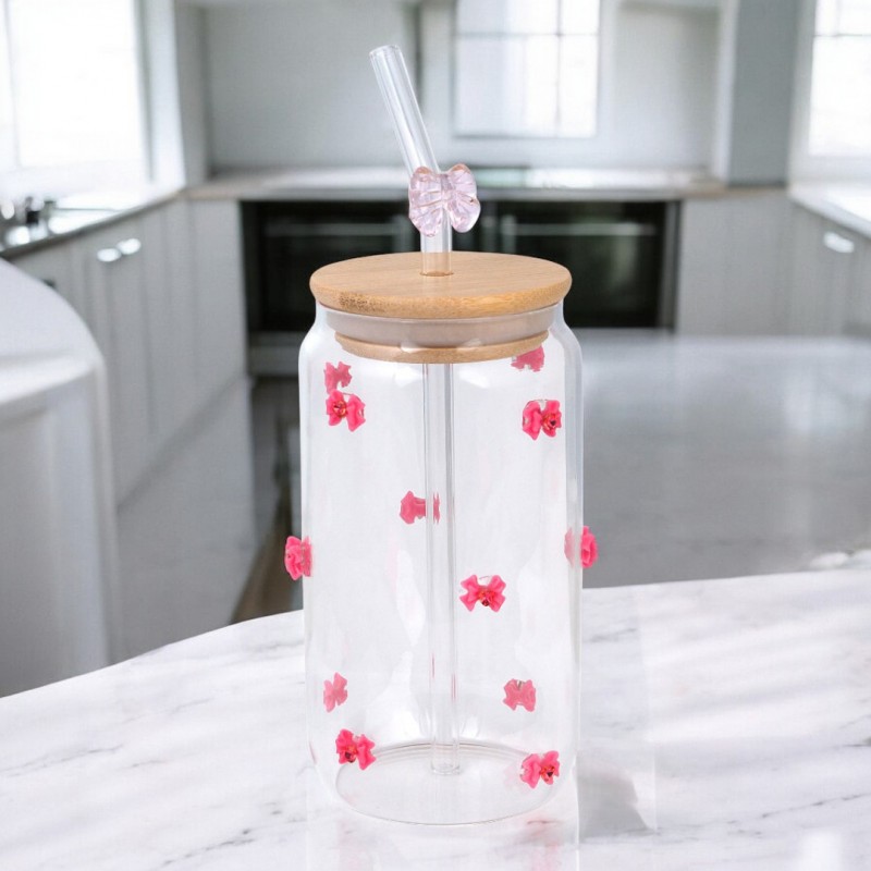 Szklanka, różowe kokardki z cyrkoniami - z rurką i bambusową pokrywką 460 ml - SZK135 - obrazek 3