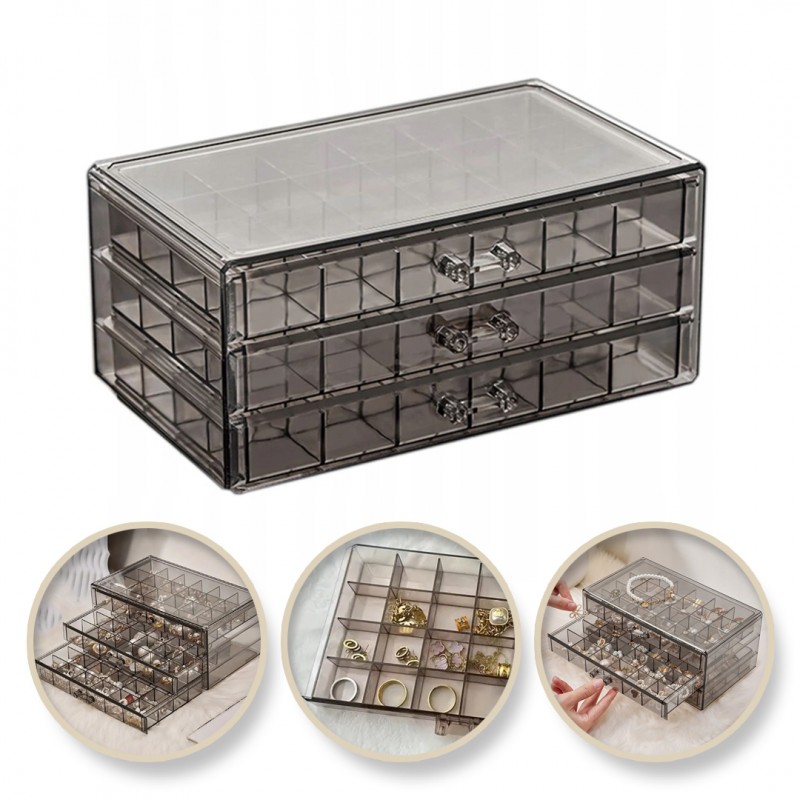 Szkatułka na biżuterię, organizer czarny transparentny - 3 szuflady, 72 przegródki PD159CZ