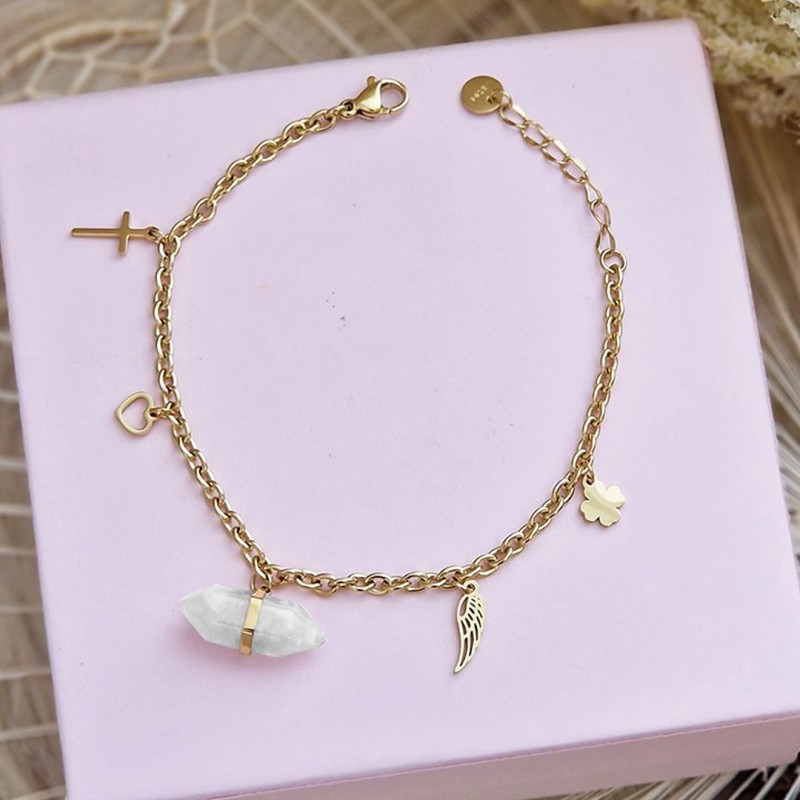 Bransoletka na rękę stal chirurgiczna pozłacana 14k złotem kryształ górski BST1407B - obrazek 3