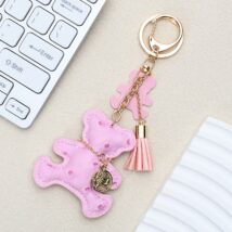 Brelok do kluczy skórzany MIŚ różowy, frędzle BRL356