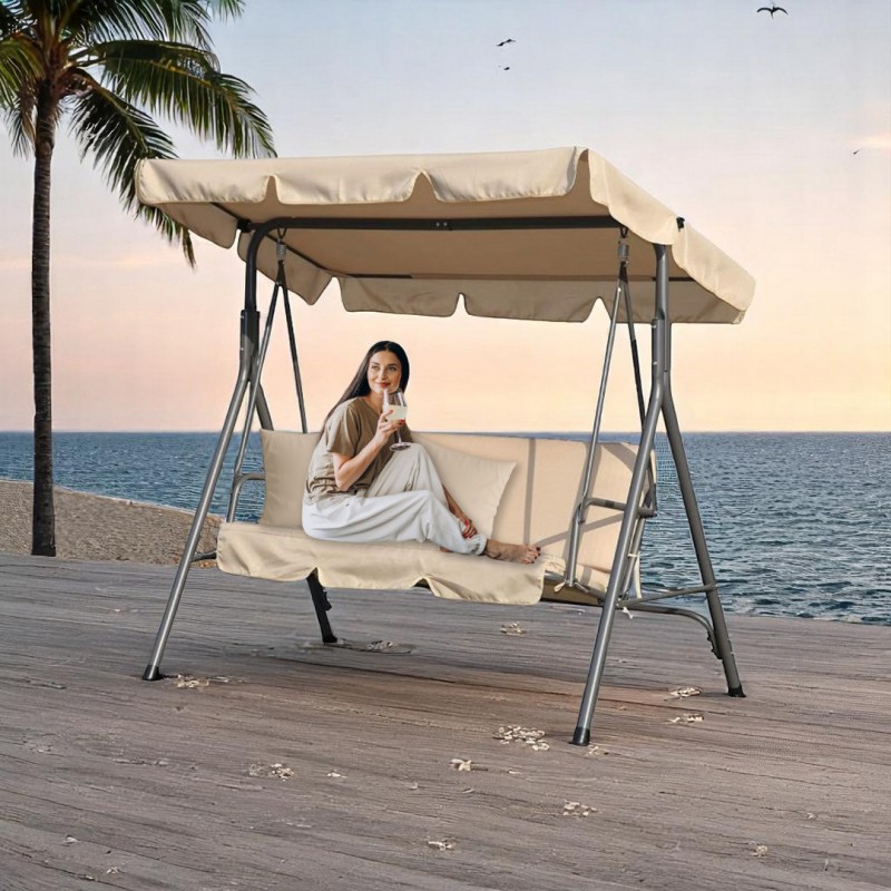 Huśtawka ogrodowa 3-osobowa z baldachimem i 2 poduszkami, beżowa HO01K