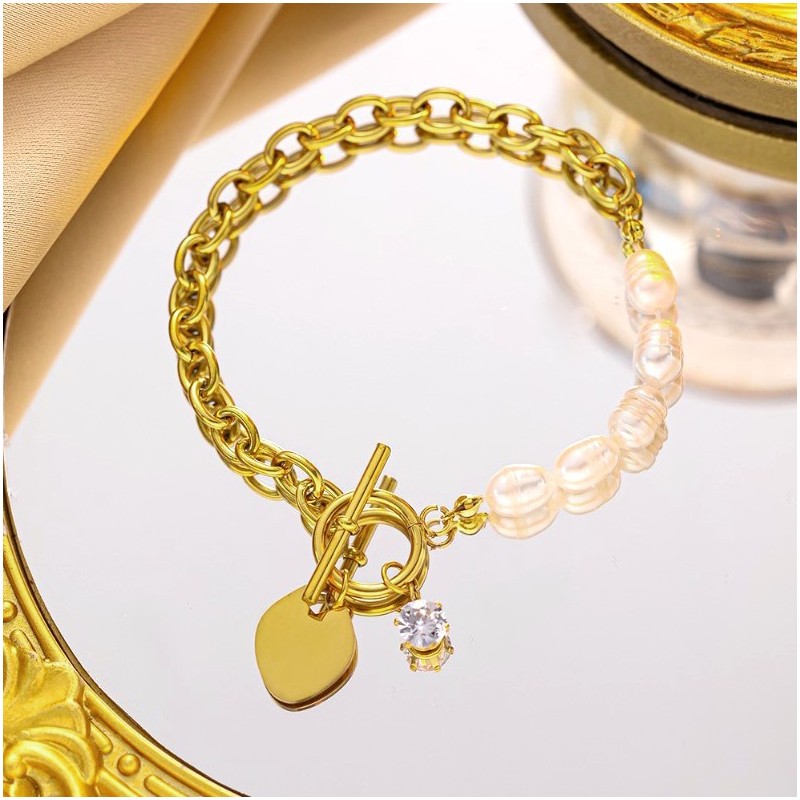 Bransoletka na rękę stal chirurgiczna pozłacana 14k złotem, PEREŁKI BST1515 - obrazek 3