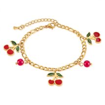 Bransoletka na rękę stal chirurgiczna pozłacana 14k złotem, WISIENKI czerwone BST1520