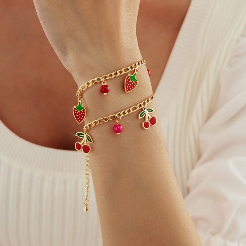 Bransoletka na rękę stal chirurgiczna pozłacana 14k złotem, WISIENKI czerwone BST1520 - obrazek 3