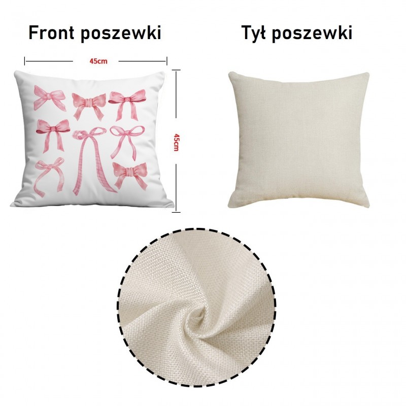 Poszewka na poduszkę 45 x 45 cm biała, KOKARDKI różowe POD230 - obrazek 3