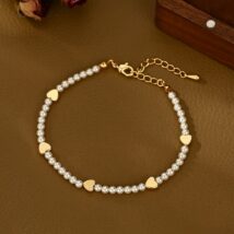 Bransoletka na rękę stal chirurgiczna pozłacana 14k złotem, perły serduszka BST1557