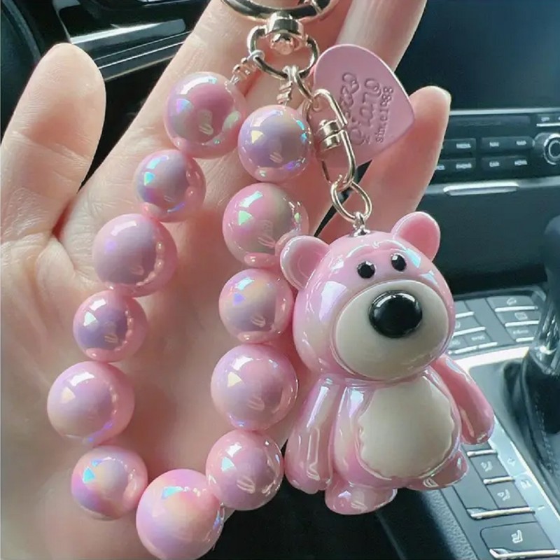 Brelok do kluczy, perłowy Miś z koralikami Różowy BRL366R