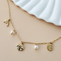 Bransoletka na stopę stal chirurgiczna pozłacana 14k złotem, muszle perły – BST1562