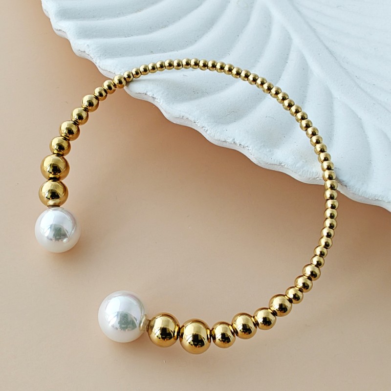 Bransoletka na rękę stal chirurgiczna pozłacana 14k złotem, perły BST1563 - obrazek 3