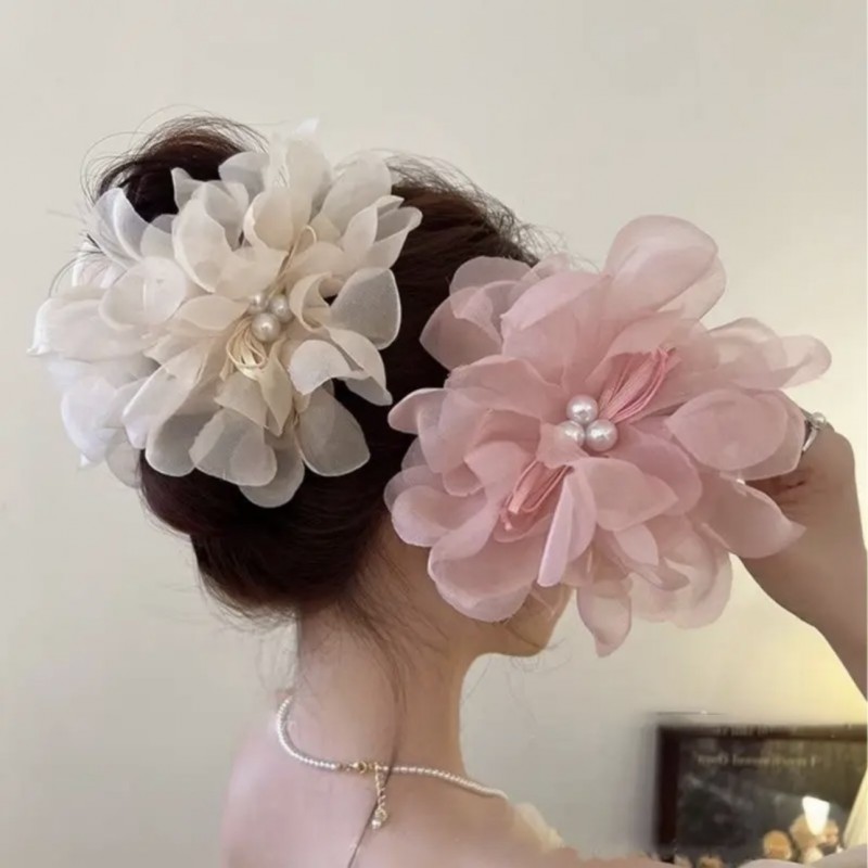 Duża kokarda tiulowa z perełkami, spinka do włosów, klamra SP323CZ - obrazek 5