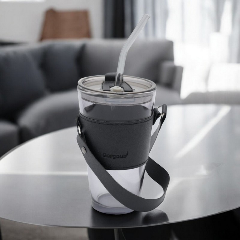 Kubek z kolorowego szkła na Kawę Herbatę ze słomką i zamknięciem 450 ML CUP09GRAF - obrazek 3