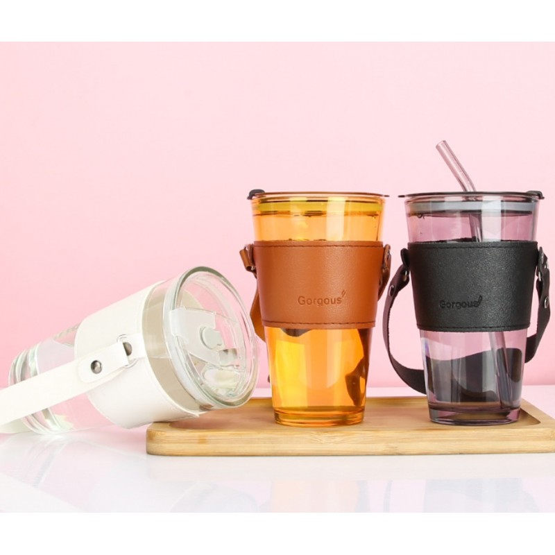 Kubek z kolorowego szkła na Kawę Herbatę ze słomką i zamknięciem 450 ML CUP09GRAF - obrazek 7