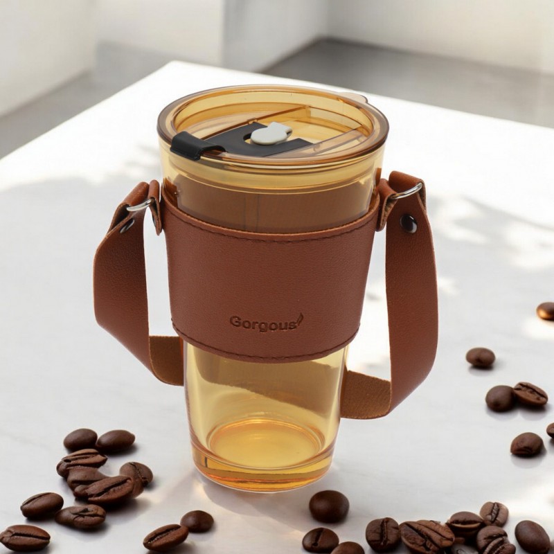 Kubek z kolorowego szkła na Kawę Herbatę ze słomką i zamknięciem 450 ML CUP09BR - obrazek 3