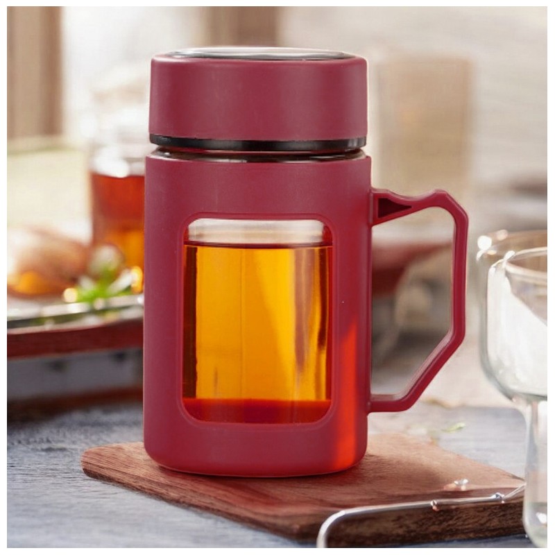 Kubek bidon ze szkła na Kawę Herbatę z uchwytem czerwony 500 ML CUP18CZE - obrazek 3