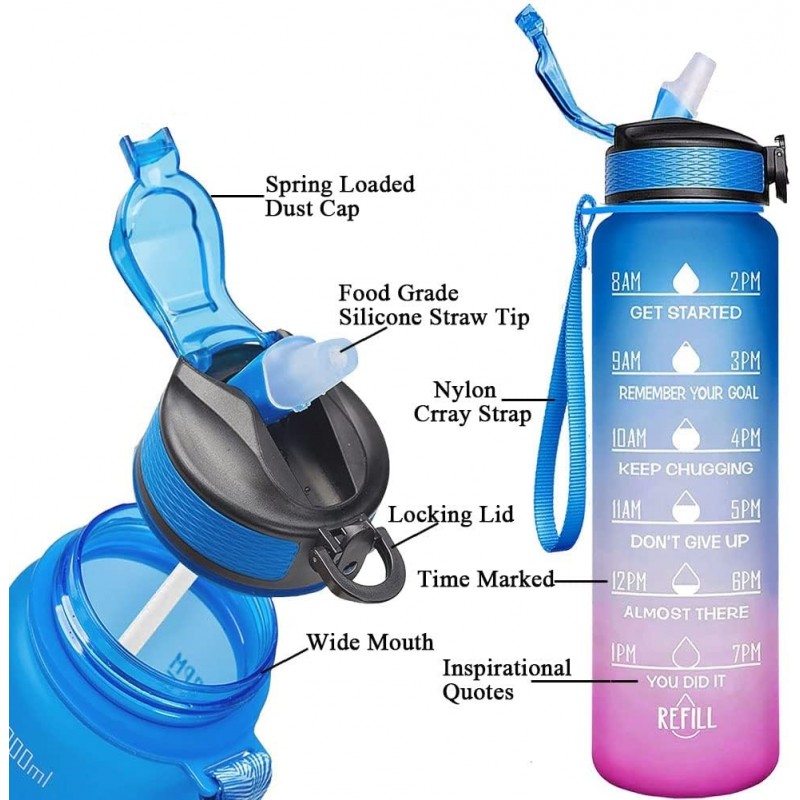 Butelka na wodę, bidon z miarką i słomką 1L OMBRE Niebieski z Fuksją BD18 - obrazek 3