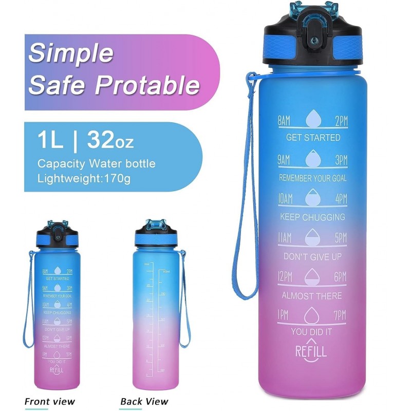 Butelka na wodę, bidon z miarką i słomką 1L OMBRE Niebieski z Fuksją BD18 - obrazek 4