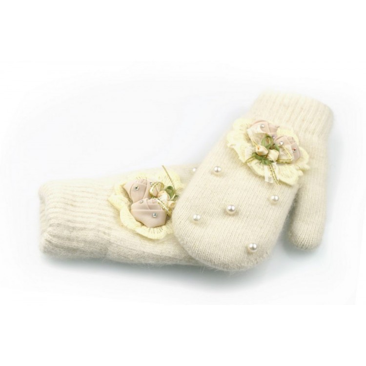 RĘKAWICZKI CUTE KWIATY I PEREŁKI KREMOWE REK130 - obrazek 4