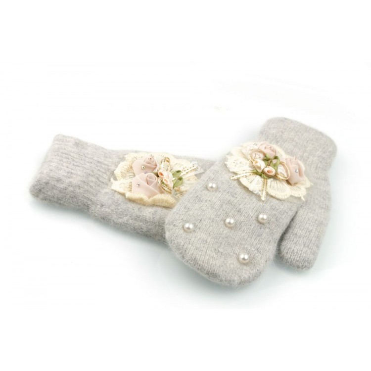 RĘKAWICZKI jednopalczaste CUTE KWIATY I PEREŁKI SZARE REK131 - obrazek 5