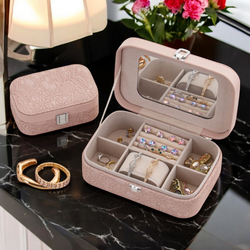 Szkatułka na biżuterię, etui, organizer, pudełko różowa koronka PD157R - obrazek 4