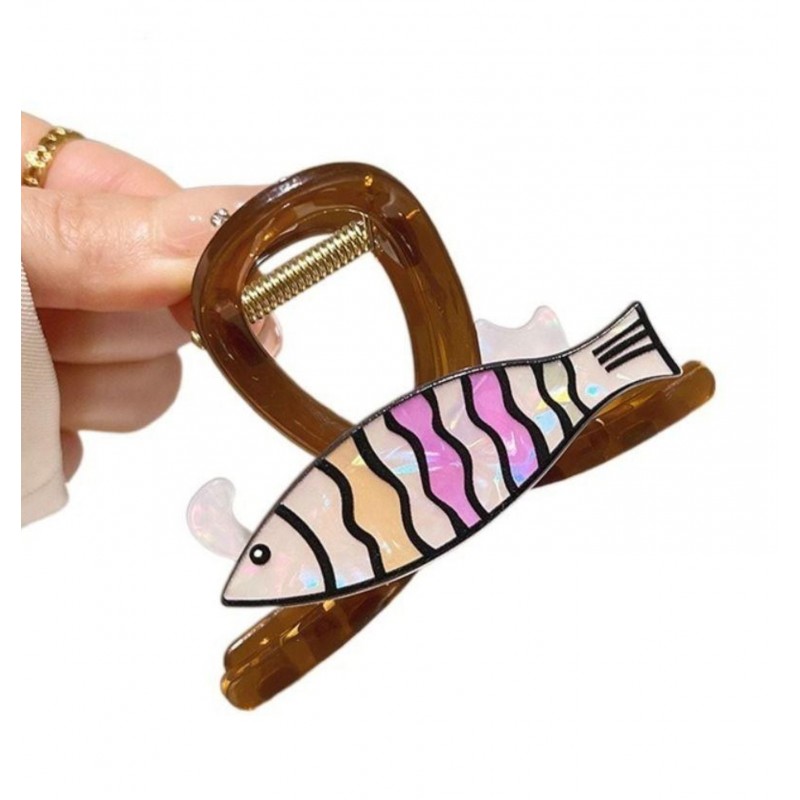 Spinka klamra do włosów brązowa XL kot, rybka masa perłowa 8x6cm SP369 - obrazek 4