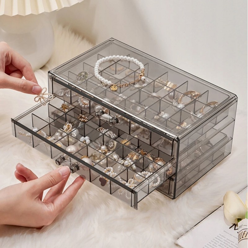 Szkatułka na biżuterię, organizer czarny transparentny - 3 szuflady, 72 przegródki PD159CZ - obrazek 3