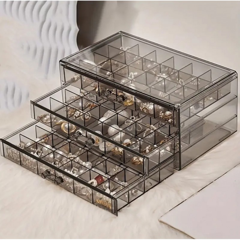 Szkatułka na biżuterię, organizer czarny transparentny - 3 szuflady, 72 przegródki PD159CZ - obrazek 5