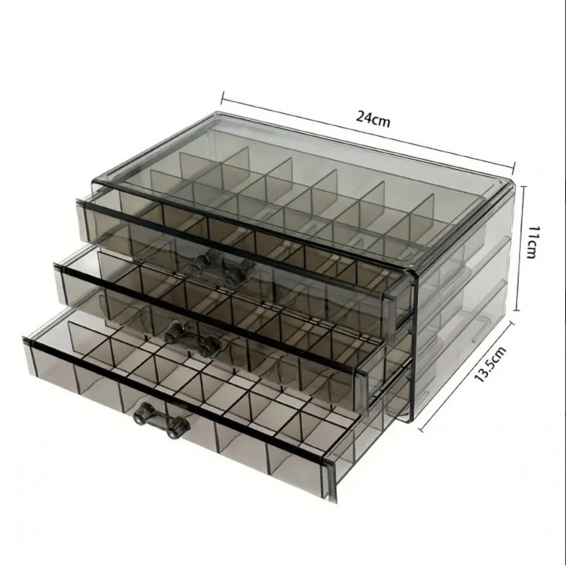 Szkatułka na biżuterię, organizer czarny transparentny - 3 szuflady, 72 przegródki PD159CZ - obrazek 6
