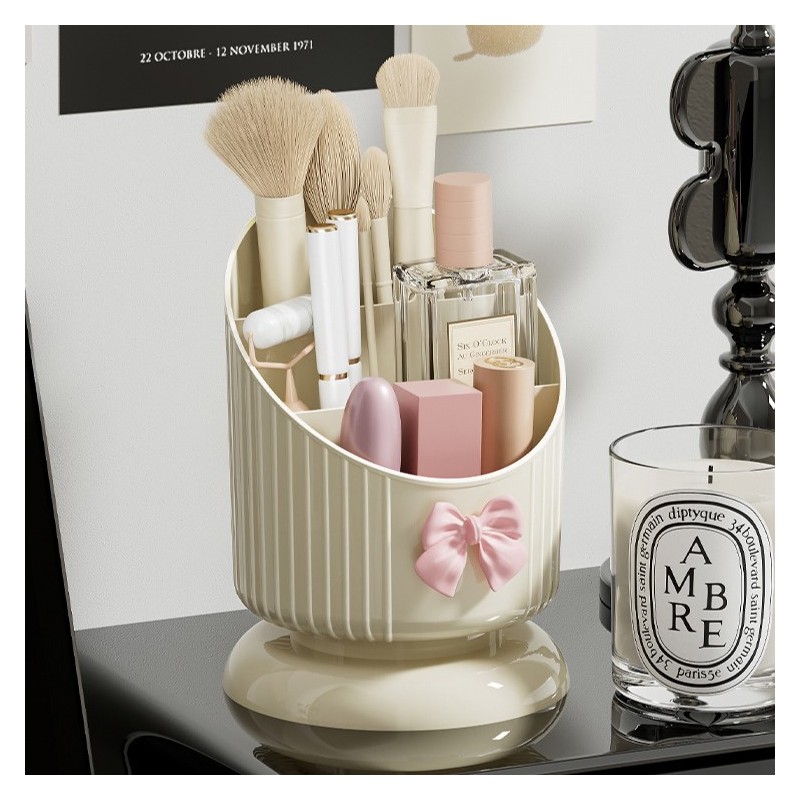 Organizer na pędzle, Kremowy z różową KOKARDKĄ 15,8 x 11 cm CB67 - obrazek 3