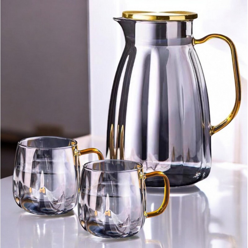 Zestaw- dzbanek 1600ml z falowanymi ściankami z pokrywką + 2 szklanki 350ml- DZ07 - obrazek 3