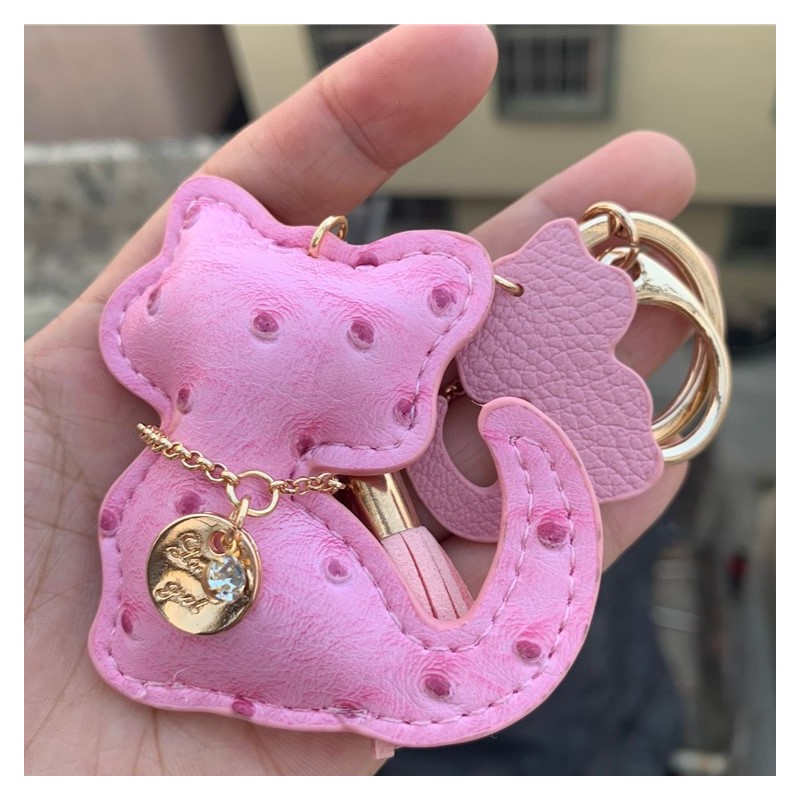 Brelok do kluczy skórzany KOTEK różowy, frędzle BRL358 - obrazek 4