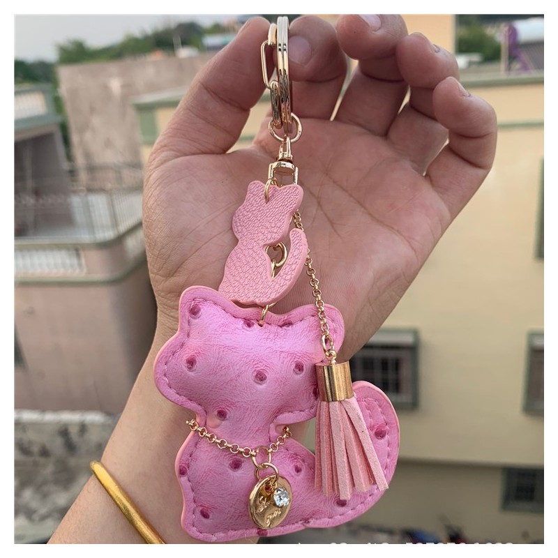 Brelok do kluczy skórzany KOTEK różowy, frędzle BRL358 - obrazek 5