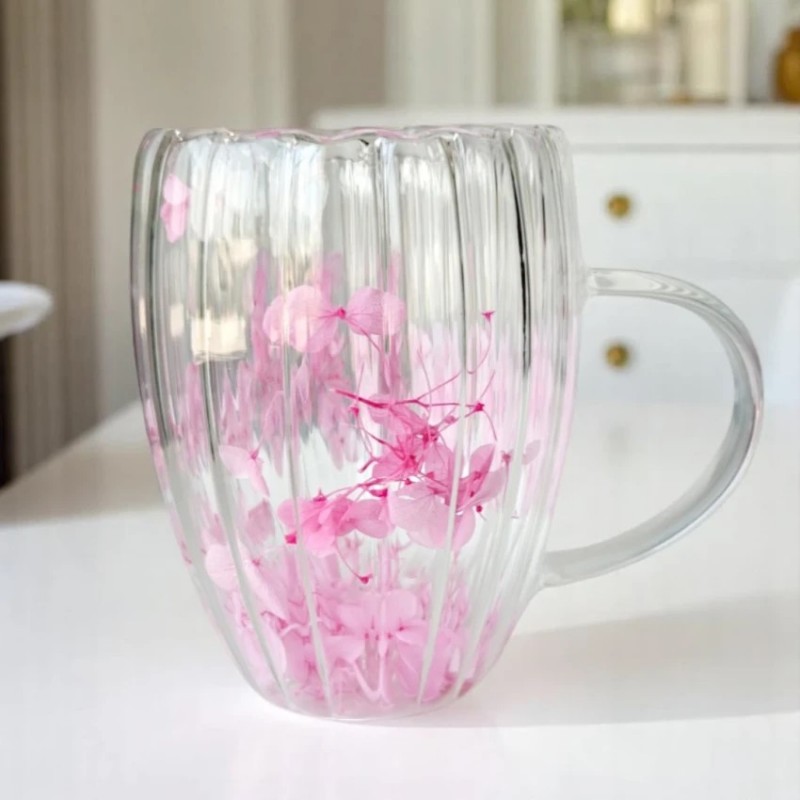 Szklanka termiczna ryflowana z kwiatami w środku, gipsówka róż 300 ml 1szt SZK157 - obrazek 3