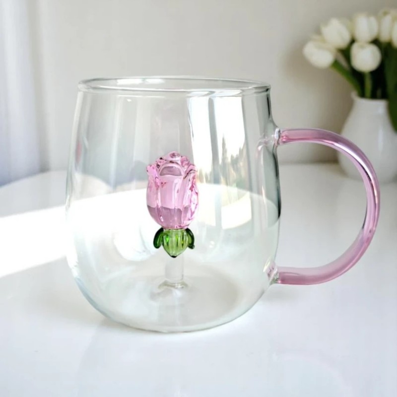 Szklanka ze szklanym tulipanem w środku, różowa rączka 400ml - SZK129 - obrazek 4