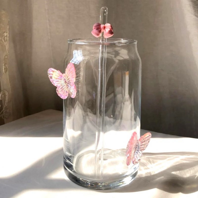 Szklanka wysoka ze słomką, MOTYLKI róż 500 ml, 1 szt- SZK163 - obrazek 4