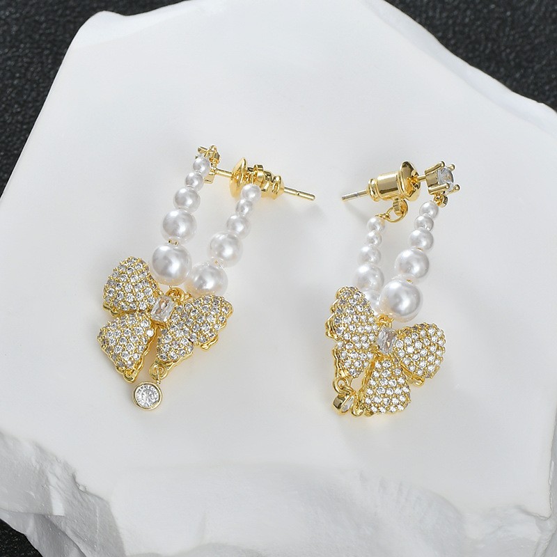 Kolczyki KOKARDY ze stali szlachetnej platerowane 14k złote, perły, sztyft S925 KST3342 - obrazek 3