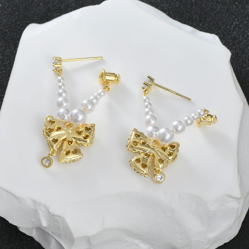 Kolczyki KOKARDY ze stali szlachetnej platerowane 14k złote, perły, sztyft S925 KST3342 - obrazek 4