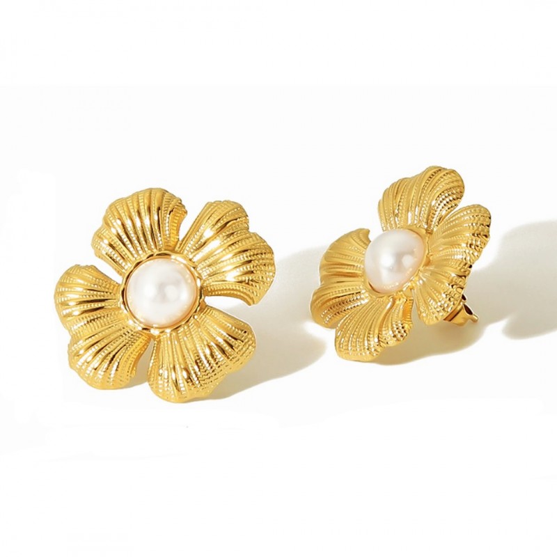 Kolczyki KWIATY ze stali szlachetnej platerowane 14k złotem, sztyft perły KST3323 - obrazek 3