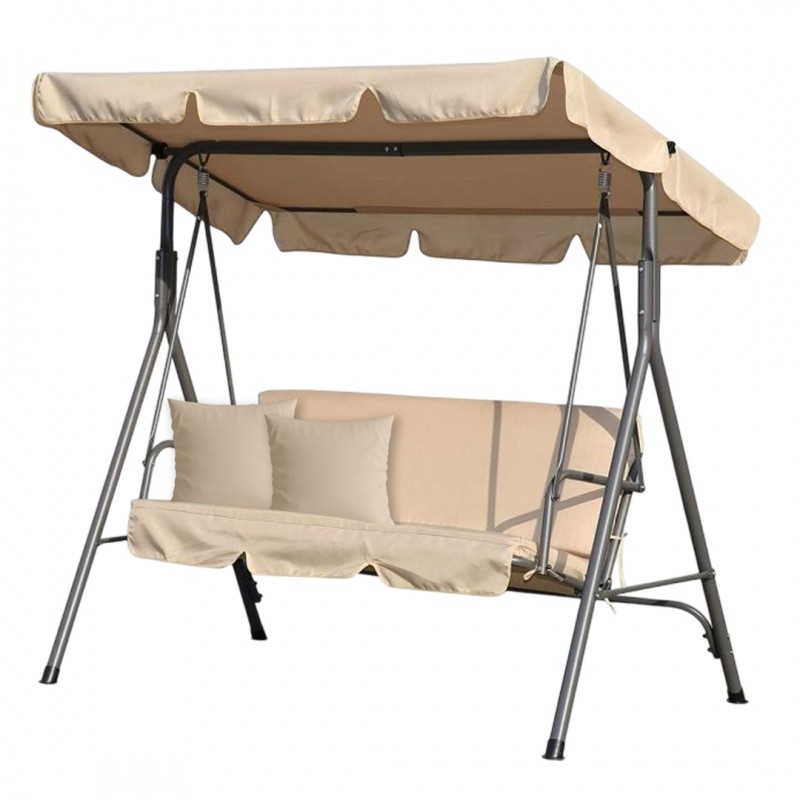 Huśtawka ogrodowa 3-osobowa z baldachimem i 2 poduszkami, beżowa HO01K - obrazek 3