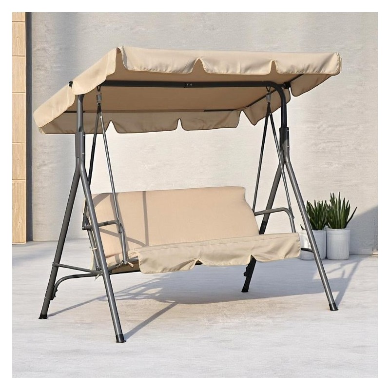 Huśtawka ogrodowa 3-osobowa z baldachimem i 2 poduszkami, beżowa HO01K - obrazek 5