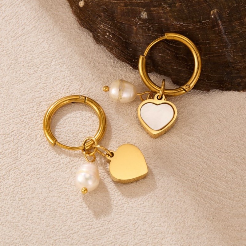 Kolczyki ze stali szlachetnej pozłacanej 14k złotem, SERCE, PERŁA KST3319 - obrazek 4