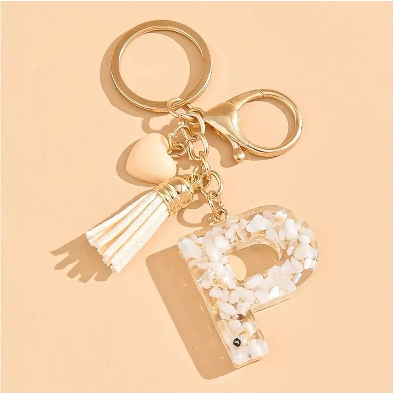 Brelok do kluczy LITERKA "P" biało złote kamyczki z sercem BRL329P - obrazek 3