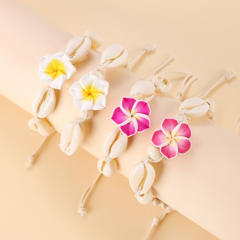 Bransoletka 2w1 na stopę i rękę, na sznurku, MUSZELKI i KWIAT HAWAJSKI B542ZO - obrazek 5