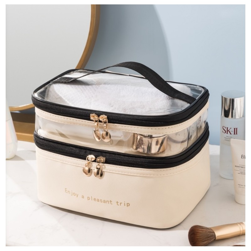 Kosmetyczka rozkładana 2 poziomowa kremowa 17x23x15 cm KS92WZ3 - obrazek 3