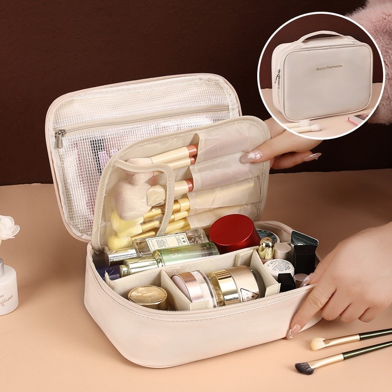 Kosmetyczka rozkładana elegancka kuferek etui z ekoskóry kremowa KS146K - obrazek 3