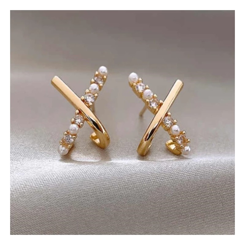 Kolczyki ze stali szlachetnej pozłacanej 14k złotem z cyrkoniami i perełkami KST3333 - obrazek 3