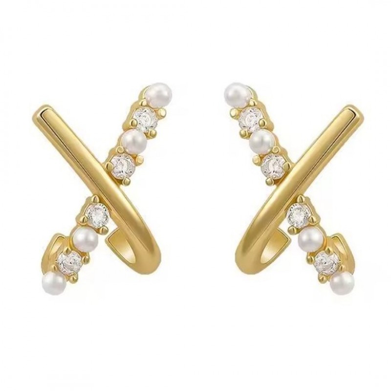 Kolczyki ze stali szlachetnej pozłacanej 14k złotem z cyrkoniami i perełkami KST3333 - obrazek 4