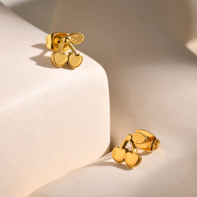 Kolczyki ze stali szlachetnej platerowane 14k złotem WISIENKI, sztyft srebro S925 KST3317 - obrazek 3