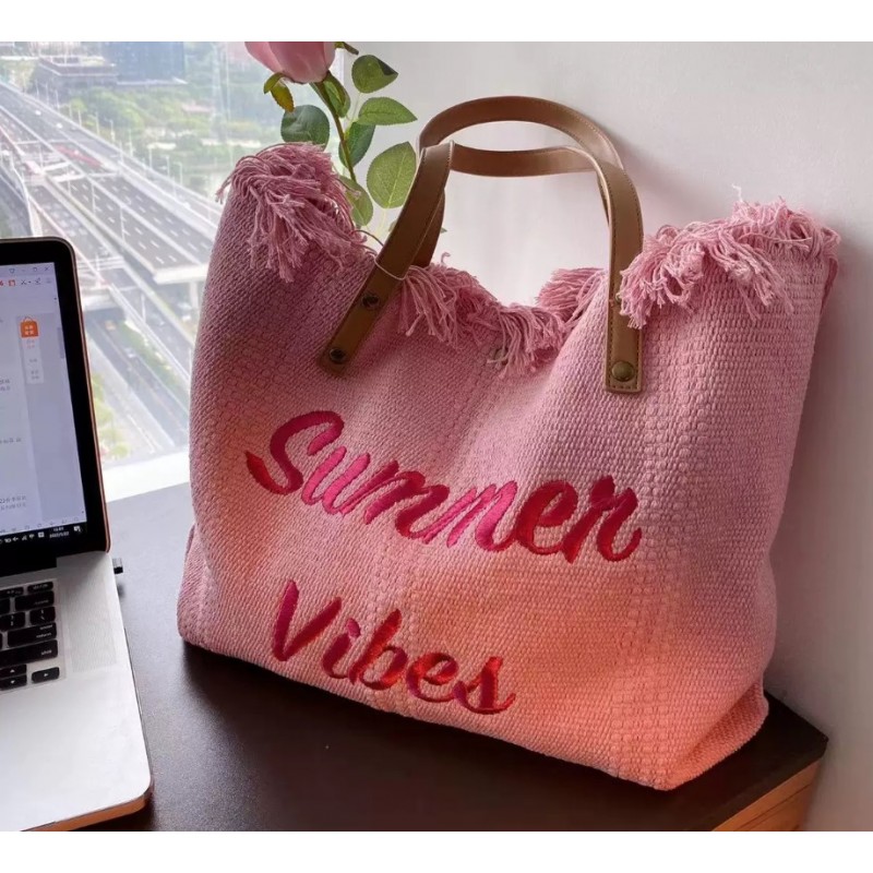 TORBA PLAŻOWA , na zakupy duża i pojemna z frędzlami BOHO, róż TP11R - obrazek 4